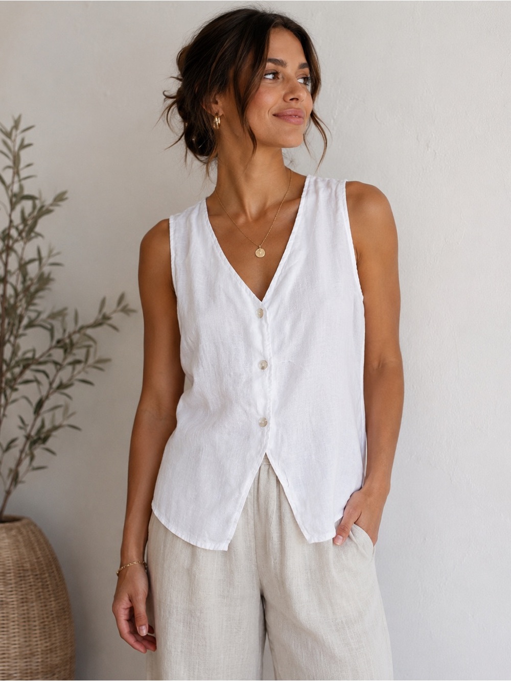 Via Nova Italy White 100% Linen Button Front Sleeveless Top Blouse Women’s L